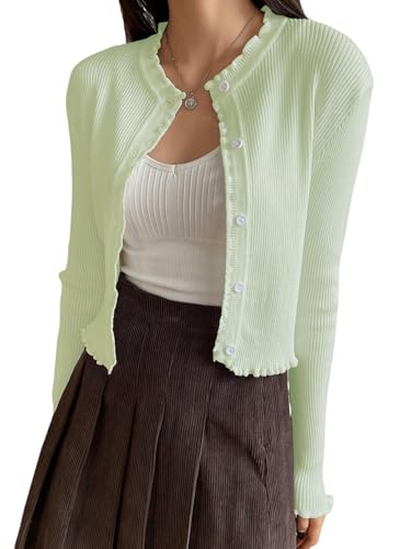 GORGLITTER Women's Lightweight White Cropped Cardigan Trendy Long Sleeve Open Front Button Up Crop Cardigan Sweater 2026 Mint Green Medium