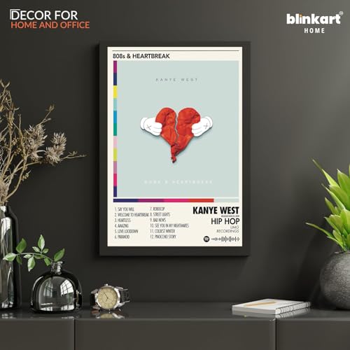Image of BLINKART KANYE - 808s & HeartBreak Wall Photo Frames | Wall Art for Bedroom, Living Room, Studio or Office | Album Cover Print with Spotify Song Link QR Code | Gift for Fans - 8x12 In