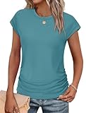 T Shirts for Women Loose Fit Cap Sleeve Summer Tops Short Sleeve Basic Tee Shirts Comfy Teal L