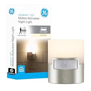 GE LED Motion Sensor Night Light, Plug into wall, 40 Lumens, Soft White, UL-Certified, Energy Efficient, Ideal Nightlight for Bedroom, Bathroom, Kitchen, Hallway, 29844, Silver, 1 Pack