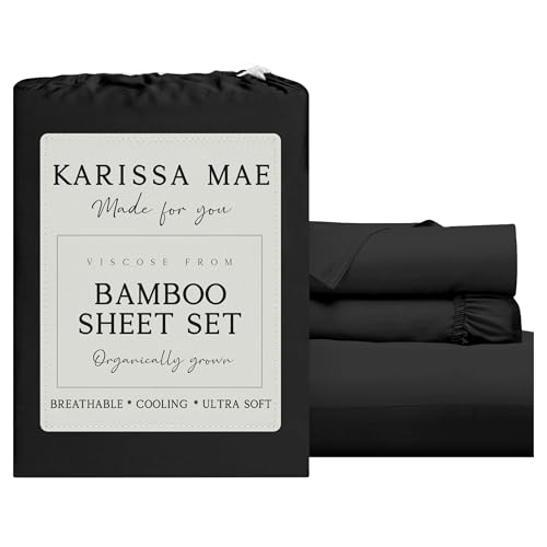 Image of KARISSA MAE Luxury Bamboo Viscose Twin Size Sheet Set | FSC Certified | Cooling | Ultra Soft | 18 inch Deep Pockets | Elastic Corner Straps | Includes Organizer Band [Black]