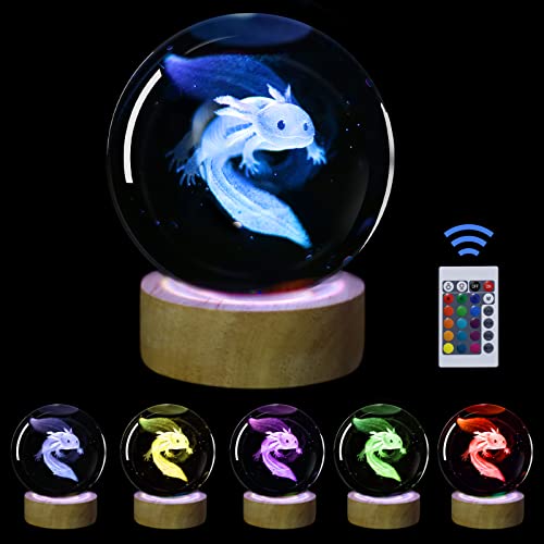 Image of 3D Axolotl Crystal Ball Night Light with 16 Color LED Wooden Base, Premium 2.4 Inch Axolotl Glass Ball Lamps with Remote for Birthday Holiday, Cool Axolotl Toy Decor Gifts for Boys Girls Kids