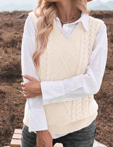 Image of Women's Sweater Vest,Long Cable Loose Knitted Sleeveless V Neck Casual Sweaters Tank Top S~XL
