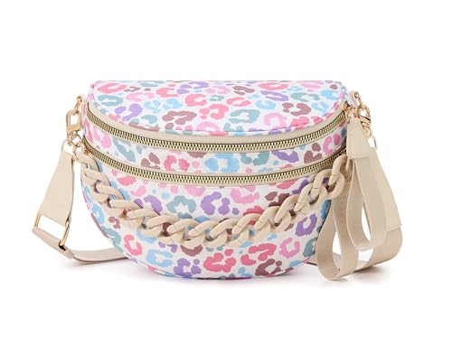 FEIBOON Spacious Checkered Nylon Crossbody Bag Bum Bag Checkered Handbags Wallets with Personalized Chain for Women (Chain - White colored leopard)