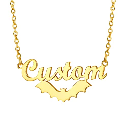 Custom4U Bat Name Necklace Personalized Custom Nameplate Necklaces Stainless Steel/925 Sterling Silver, Customized Gothic Jewelry Gifts for Women Men Halloween Birthday (Gift Box) Gold Stain
