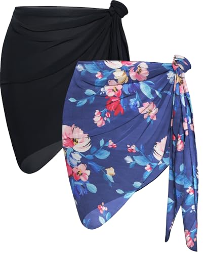 2 Pieces Sarong Cover Ups for Women Beach Bathing Suit Wrap Sheer Short Skirt Bikini Chiffon Scarf for Swimwear (Black and Pink Navy Blue)