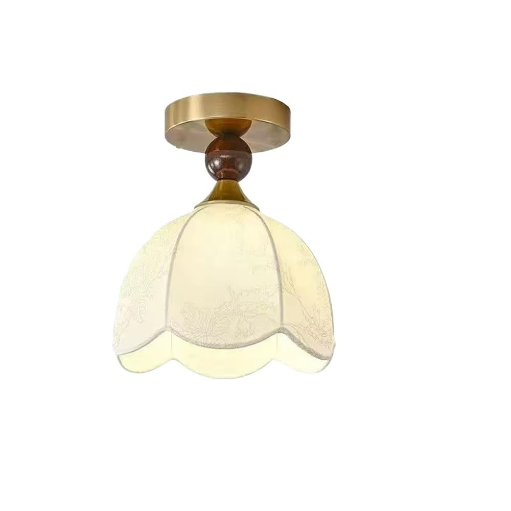LUOYAOB Nordic Vintage Floral Ceiling Lights Fabric Shade Semi Flush Mount Ceiling Lamp Solid Wood Decor Metal Body Tri Color Dimmable Ceiling Light Fixture for Bedroom Living Room
