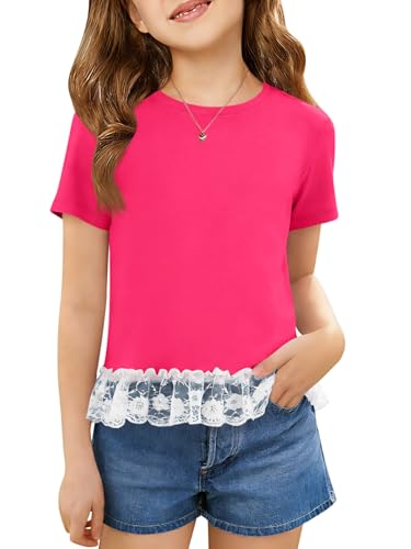 Girls Short Sleeve T Shirts Kids Cute Lace Hem Crewneck Summer Tops Tees 5-14 Years Hot Pink