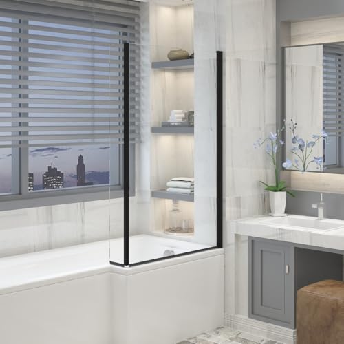 Aquariss Black 1400x810mm Pivot L Shape Bath Screen with Fixed Return Panel 6mm Toughened Safety Glass