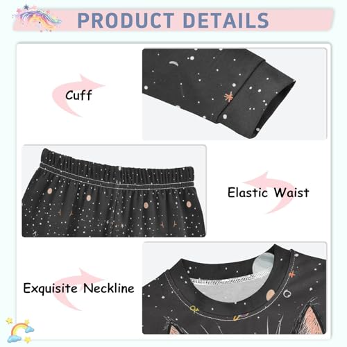 Fustylead Black Cat with Stars and Planets Cotton Pajamas, Snug Fit Long Sleeve Soft Sleepwear Pjs4