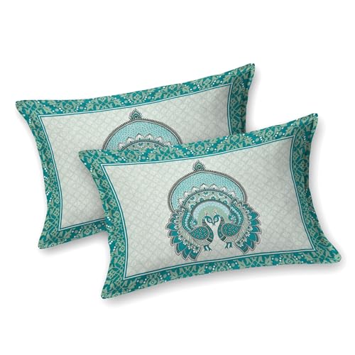Image of Rajasthani Jaipuri Sanganeri Printed 144 TC 100% Cotton Bed Sheet Set for Double Bed,Double Peacock Pattern, Double Bedsheet Cotton with 2 Pillow Covers