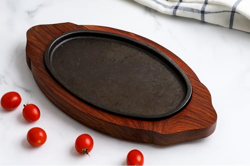 Image of REMARKABLE Iron Sizzler Plate with Wooden Base | Dessert Ovel Serving Platter with Handles | Brownie Sizzler Tray for Cake | Sizzling Brownie Plate | Hot Sizzling Plate | 13 inch | Set of 1