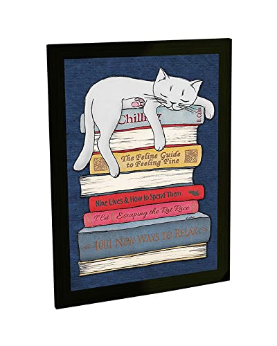 Quadro Gato Livros Poster com Moldura Grande 42x29