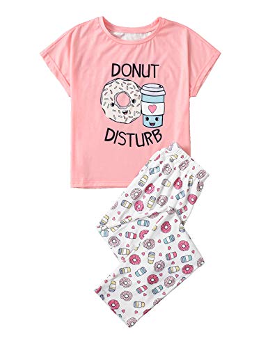 DIDK Women's Cartoon Print Tee and Pants Pajama Set Pink S
