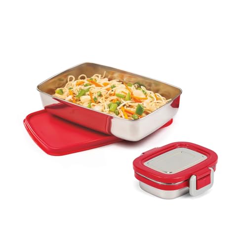 Image of SignoraWare Munch Mate Stainless Steel Lunch Box | Airtight & Leakproof | Durable & Compact | Easy to Carry | Ideal Tiffin for Office, School & Travel (850ml + 160ml | Red)