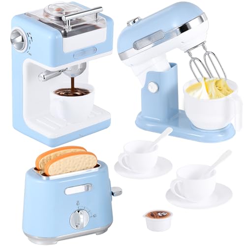 Pretend Play Kitchen Appliances Toy Set, Kids Kitchen Accessories Set with Coffee Maker, Toaster, Mixer with Light and Sound, Gift for Girls Boys Kids Ages 3 4 5 6 7 8(Blue)