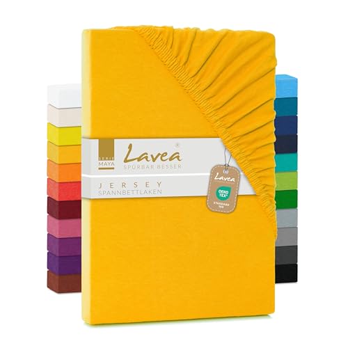 Lavea Spannbettlaken 90x200cm-100x200 - aus atmungsaktiver Baumwolle - Passgenau für Standardmatratzen bis 20cm - Goldgelbes Bettlaken mit Gummizug -...