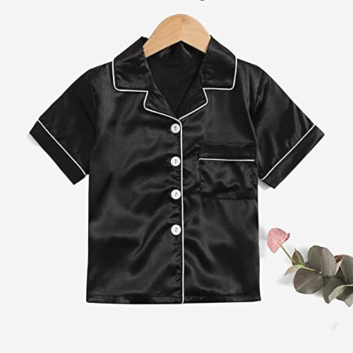 Little Boys Girls Satin 𝗣ajamas Set Black Short Sleeve Button Down Silk 𝗣js 2PC Summer Slee𝐩wear 𝗟oungewear4