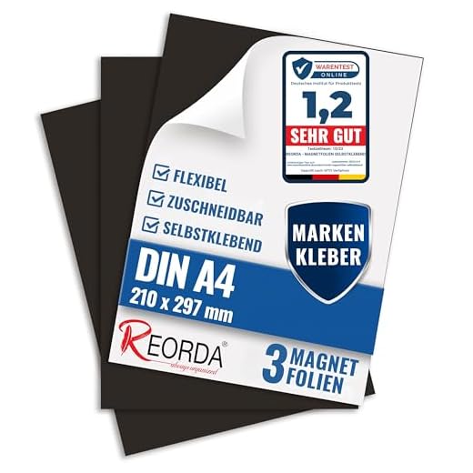 Reorda Magnetfolie DIN A4 selbstklebend 3er Set - Magnetpapier mit starkem Marken-Kleber - Magnetplatte zuschneidbar für Kühlschrank, Tafeln & Poster - Magnetische Folie selbstklebend für's Basteln