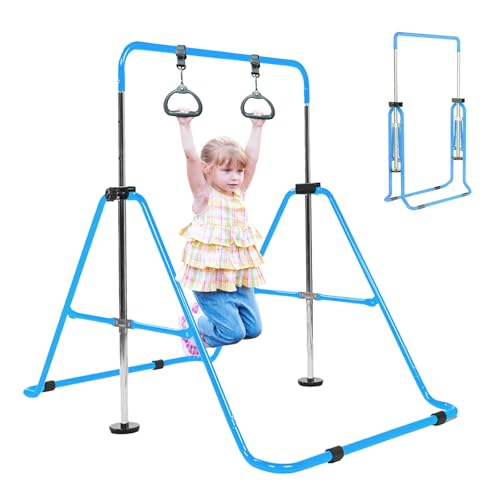 Foldable Gymnastics Bar for Kids Ages 3-8 with Rings, Adjustable Collapsible Horizontal Training Equipment Set for Toddler Girls Boys, Great for Indoor Outdoor Home Use Gym Gift (Blue)