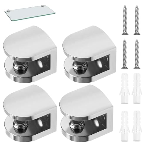 YIZWINS 4 Piezas Soporte Estante Cristal, Abrazadera de Vidrio Ajustable, Soporte para Baldas de Madera, Adecuado para Fijación de Vidrio y Vidrio Acrílico de 6-8 mm de Espesor, Viene con Tornillos