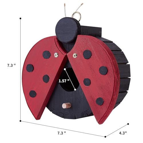 CLACKIBUKVYZ Ladybug-Shaped Wooden Bird House for Outside - Cute Hanging Birdhouse for Finches, Wrens, Cardinals, Bluebirds - Weather-Resistant Wild Bird Nesting Box - Garden Decor & Wildlife Habitat