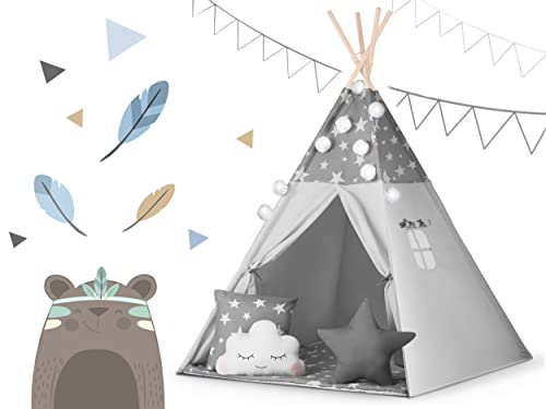 NUKIDO Kinderzelt Tipi Zelt Baumwolle Holzrahmen Bezauberndes Design Entwicklungsförderung Leicht zu reinigen 120x120x165cm Girlanden Lichter Grau