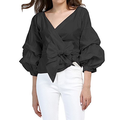 AOMEI Women Spring Summer Blouses with Puff Sleeve Sashes Shirts Tops