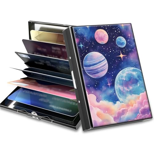 Image of Slim Credit Card Holder, Pink Starry Planets RFID Blocking Metal Wallet for Men & Women, Aluminum Minimalist Hard Case Pocket-Sized Business Cards Organizer (Fits Up to 10 Cards)