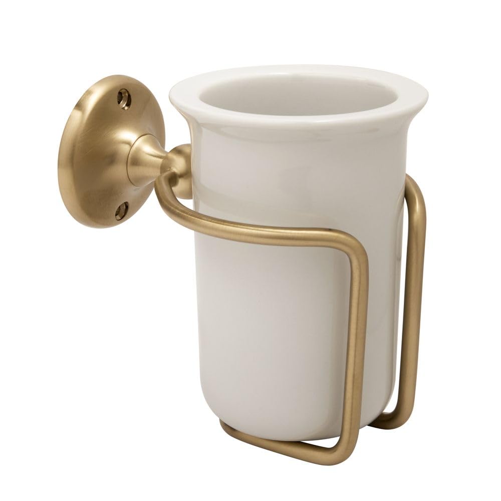 Milano Elizabeth Wall Mounted Bathroom Ceramic Toothbrush Tumbler Brushed Brass Holder
