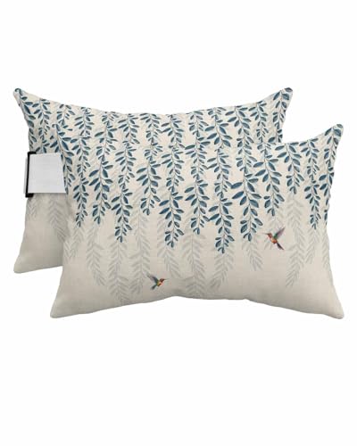HERBED Outdoor Pillows Covers with Inserts Spring Watercolor Blue Leaves with Birds Beige Waterproof Pillow with Adjustable Strap Throw Pillows for Patio Furniture Pool Lounge Chair, 11x16 Inch, 2PCS