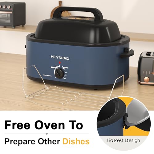 Image of 22 Quart Roaster Oven with Viewing Self-Basting Lid, Large Electric Turkey Roaster Oven with Defrost & Warm Function, Adjustable Temperature, Removable Pan & Rack, Stainless Steel, Blue