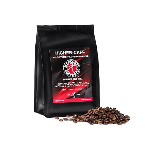Mercurys Coffee Co. Higher Caff Coffee – Extra Caffeine, Bold & Smooth Roast, 100% Organic Central American Coffee blended with a Higher Caffiene African Coffee, 12oz Whole Bean Bag