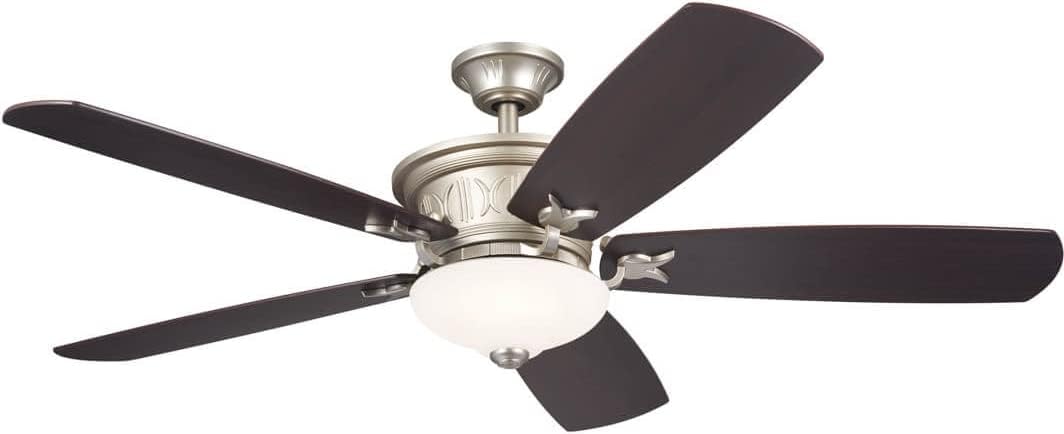 Kichler 56 Inch Crescent 5 Blade LED Indoor Ceiling Fan with Etched Cased Opal Glass in Brushed Nickel with Reversible Walnut and Cherry Blades
