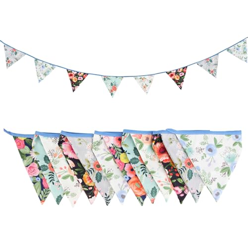 Image of Zwiebeco 32Ft Vintage Floral Fabric Bunting Triangle Flags Cotton Retro Flowers Pennant Banner Party Decorations for Birthday Wedding Engagement Baby Shower Spring Rustic Village Home Garden Decor
