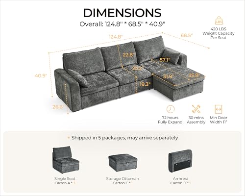 Image of 124.8'' Oversized Modular Sofa Comfy Cloud Couch with Storage Wide L-Shaped Sectional Sofa Set with Chaise for Living Room, Covers Washable, 4-Seater with Ottoman, Chenille, Grey