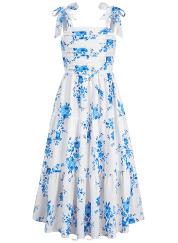 Dolxico Girls Floral Dress Summer Smocked Chiffon Tiered Dresses with Pockets Kids Hawaiian Beach Vacation Party Wedding Birthday Sleeveless A-Line Maxi Sundress for 10-12 Years(Blue Floral)
