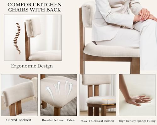 Image of HNY Modern Farmhouse Linen Dining Chairs Set of 6, Beige Fabric Upholstered Dining Room Kitchen Chairs with Natural Wood Frame & Curved-Back, Armless Accent Wood Chairs for Dining Living Room