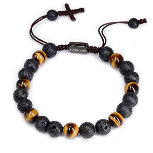 HASKARE Triple Protection Crystal Bracelets for Men, Premium Tiger Eye Bracelet Lava Healing Bracelet Fathers Day Gift, Handmade Cross Stress Relief Beads Bracelets Mens Jewelry Gift for Dad Grandpa