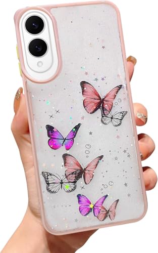 Image of VONZEE for Samsung Galaxy S25 Edge 5G Clear Glitter Butterfly Case, Cute Bling Sparkle Shiny Soft Silicone TPU Bumper Shockproof Women Girls Slim Protective Phone Cover for Galaxy S25 Edge 5G, Pink