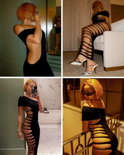Image of Women's Sexy Sleeveless Hollow Out Maxi Dress Tassel See Through Backless Bodycon Party Club Long Dress