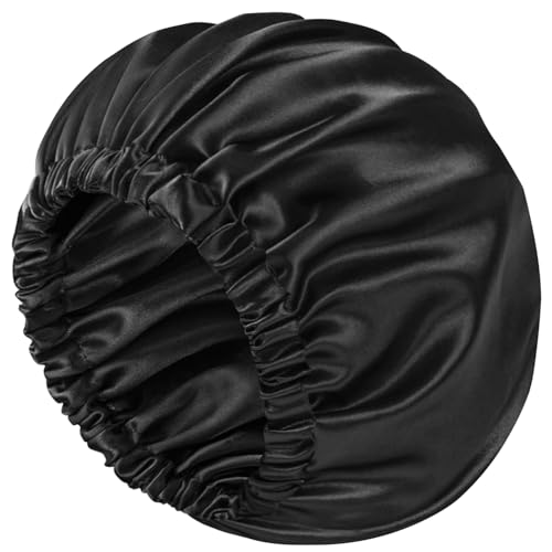 Doitory Bonnet for Sleeping Women & Men, Double Layer Silk Bonnet, Soft Satin Lined Hair Bonnets Sleep Shower Cap for Natural & Curly Hair(Black)