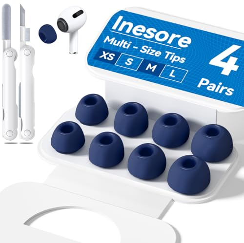 Inesore【4組】イヤーピース AirPods Pro 2/1 対応 (XS/S/M/Lサイズ 各1ペア) 携帯用収納ケース & クリーニングペン、ノイズ低減穴と内蔵防塵スクリーンを備えており、Apple AirPods Pro 交換用 イヤーチップ 説明書付き -ディープブルー