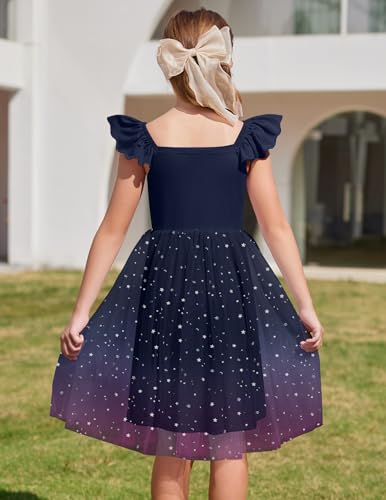 Arshiner Girls Dresses Summer Square Neck Ruffle Sleeve Formal Party Birthday Tulle Dress 6-14 Years3