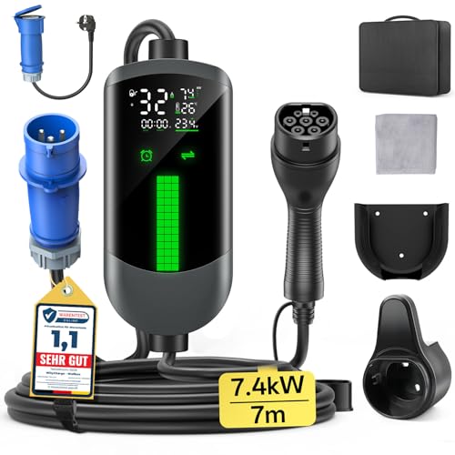 Cargador Coche Electrico Wallbox 7,4kW - 7M/6-32A Monofasico Cable Carga Coche Electrico, EV Charger Portátil, LCD Pantalla, Controlable, IP65, para Mayoría EVs(IEC 62196-2) & PHEVS