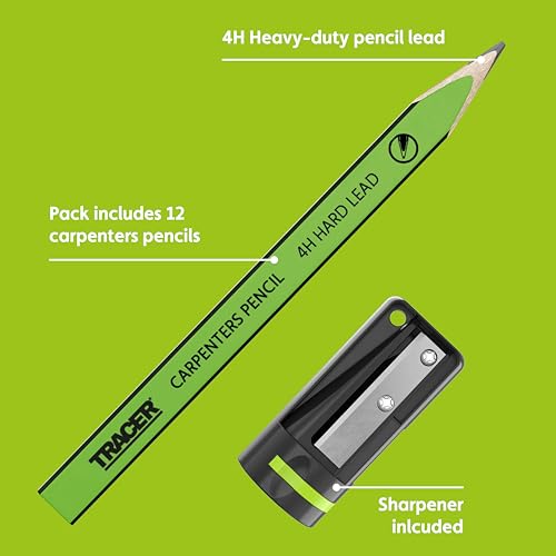 Tracer 4H Zimmermannsbleistifte (harte Mine), mit Anspitzer, 12 Stück