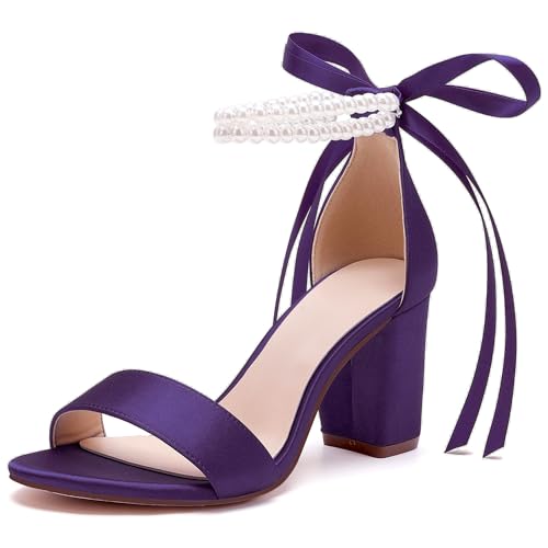 Image of Women's Open Toe Pearl Wedding Shoes for Bride High Heels Sandals Satin Bridal Block Chunky Heels Ankle Strap Prom Evening Party Pumps