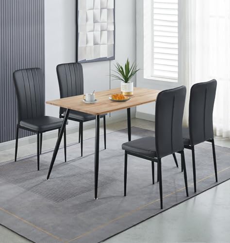 Hallowood Furniture Cullompton Small Dining Table and Chairs Set 4, Brown Oak Effect Top Rectangular Kitchen Table and Chairs in Black Faux Leather Upholstery and Metal Legs for Home, Office & Café