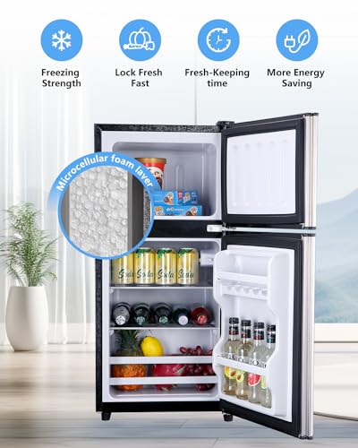EUASOO FLS-80-SILVER 3.5Cu.Ft Compact, Small Refrigerator with Freezer, Retro Fridge with Dual Door, 7 Level Adjustable Thermostat for Garage, Dorm, Bedroom, Office, Silver