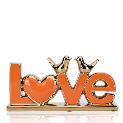 Escultura Decorativa Cerámica Amor Naranja y Dorado
